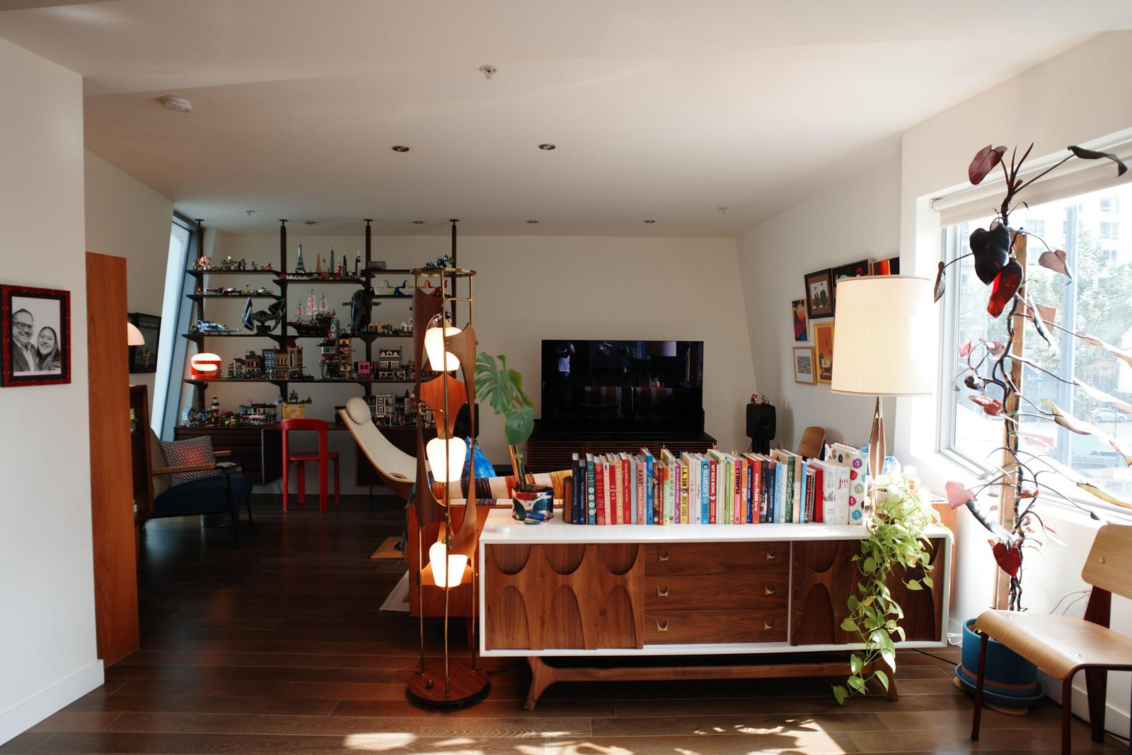 Living room from the back including the cookbook collection