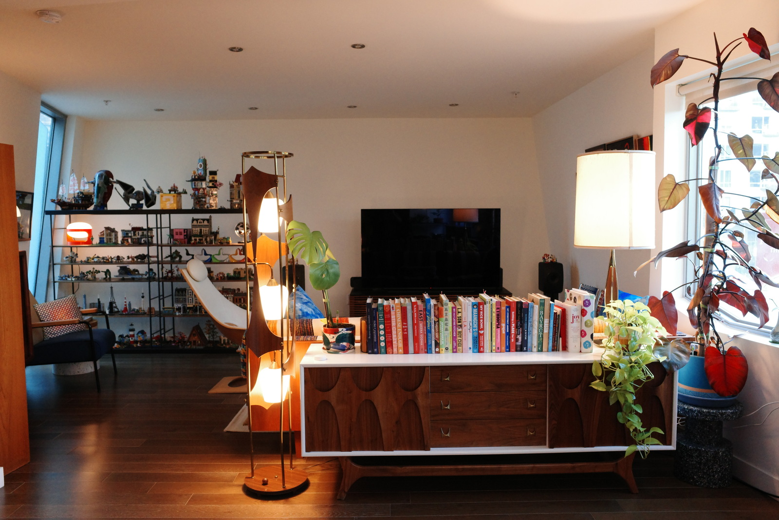 Living room from the back including the cookbook collection